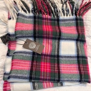 NEW Vince Camuto Pink White Blues Green Plaid Fuzzy Scarf w Fringe NWT 23w x 80L